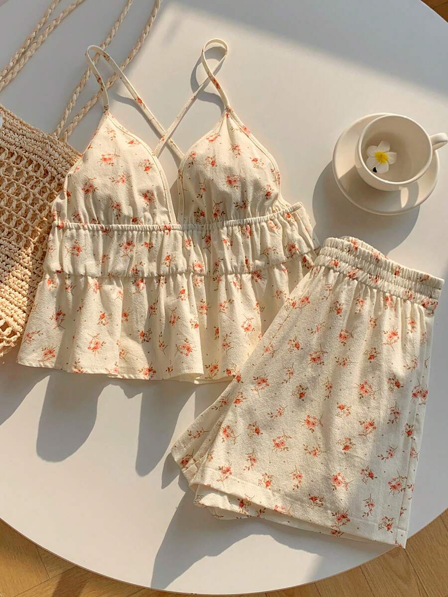 Comfortcana Conjunto casual de vacaciones con camiseta de tirantes y pantalones cortos con estampado floral ditsy para mujer - Multicolor - Ver 1