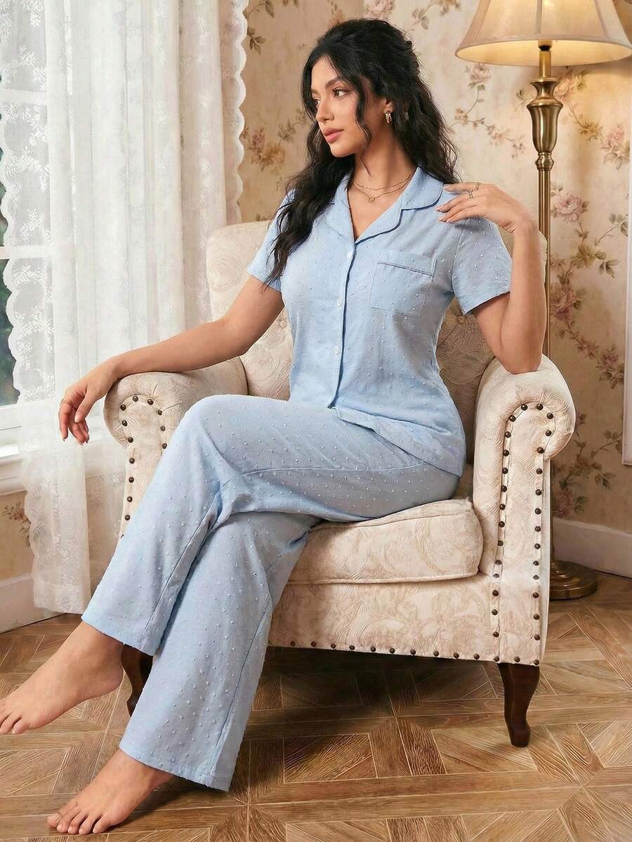 Modelyn 两件套女士100%纯棉提花浪漫清新蓝色短袖睡衣套装 - 淺藍色 - 查看 1