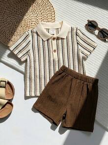 Conjunto de 2 peças unissex para bebês (menino/menina) com camisa polo listrada de manga curta e shorts, ideal para primavera/verão. - Castanho - Ver 6