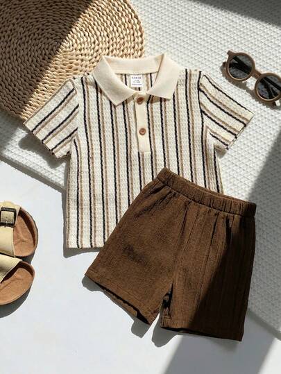 Bộ 2 món gồm áo polo tay ngắn kẻ sọc dễ thương cho bé trai/bé gái, thích hợp mặc mùa xuân/hè.