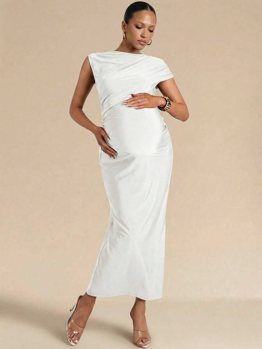 MaterniChic Elegant Solid Color Maternity Dress For Summer - White - View 1