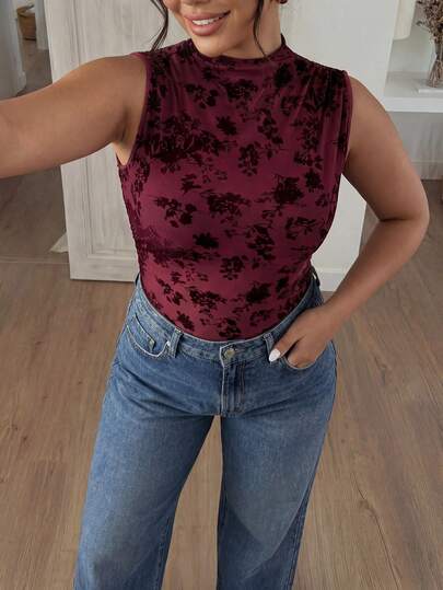 Lounesse Bộ áo liền quần ôm sát gợi cảm không tay in hoa dành cho nữ cỡ lớn