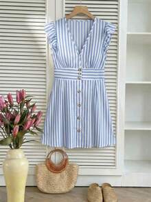 SHEIN Frenchy 大码休闲蓝色蝙蝠袖V领系腰A字短款连衣裙夏季女装 - 淺藍色 - 查看 7