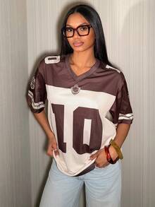 女式夏季街头服饰外出运动休闲图案透气网眼宽松针织 T 恤 - 棕色 - 查看 4