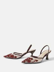 CUCCOO HITCHD 女士时尚黑色花卉优雅高跟派对凉鞋，适合圣诞节穿着 - 酒紅色 - 查看 3