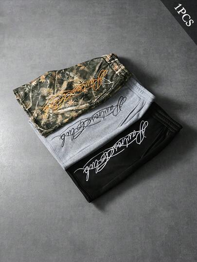 PAVTROS 加大码男士休闲短裤，街头风“Signature”手写设计，松紧腰抽绳短裤，针织运动裤，高可见度街头风格，轻便休闲户外风，男女皆宜，适合日常休闲、街头服饰、时尚、休闲运动、返校、音乐节、情侣装、节日礼物、男友礼物