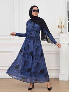 Calvaya Women's Elegant Tie Dye Print Mesh Elastic Waist Ruched Flared Hem Long Sleeve Dress - Navy Blue - View 1