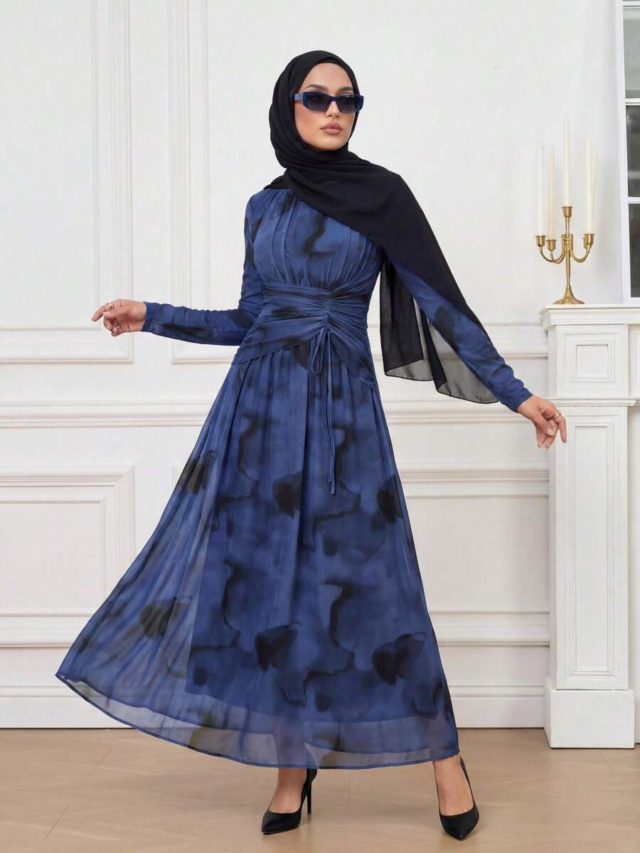 Calvaya Women's Elegant Tie Dye Print Mesh Elastic Waist Ruched Flared Hem Long Sleeve Dress - Navy Blue - View 1