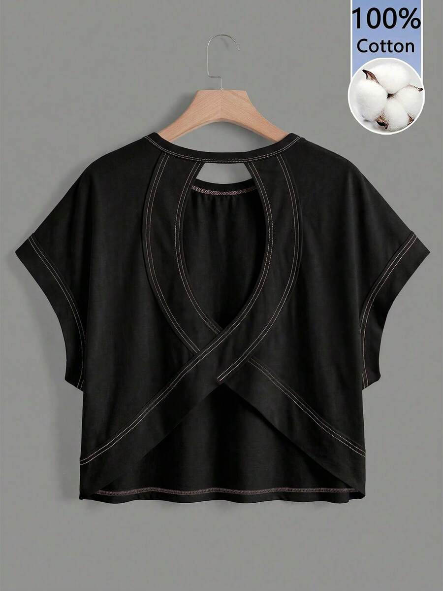 SHEIN Essnce Áo thun nữ dáng rộng không tay, cổ tròn, hở lưng, vạt áo bất đối xứng, thích hợp cho mùa hè. - màu đen - Xem 1