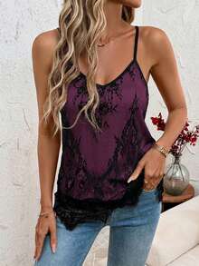 SHEIN Clasi Áo hai dây ren đen gợi cảm, thanh lịch dành cho nữ - Màu đỏ tím - Xem 3