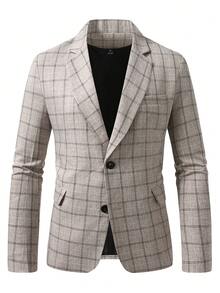 Manfinity Mode Chaqueta de traje y pantalones con botones delanteros y estampado de cuadros, conjunto de traje de mañana - Caqui - Ver 3