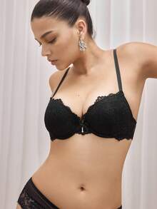 Bralution 1 件装加垫蕾丝提升和支撑女士钢圈文胸内衣 - 黑色 - 查看 3