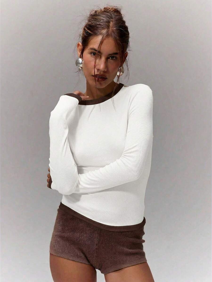 MUSERA Top de manga larga ajustado con ribete de contraste, casual, para vacaciones, aeropuerto, días festivos, lindo, de vuelta al colegio, elegante para invierno, primavera y verano - Blanco - Ver 1