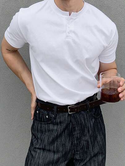 DAZY Men's Solid White Round Neck Half-Placket Short Sleeve T-Shirt