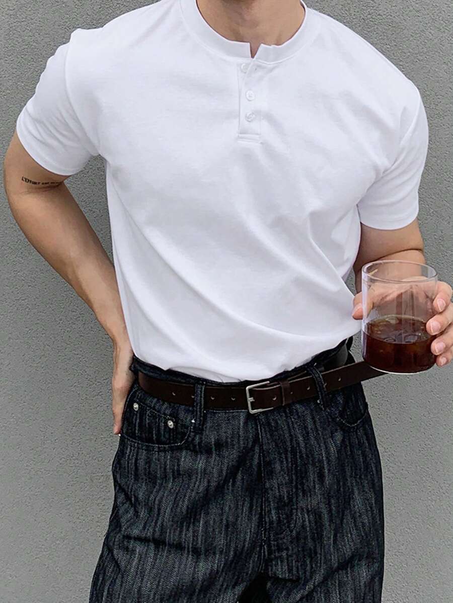 DAZY Men's Solid White Round Neck Half-Placket Short Sleeve T-Shirt - White - View 1