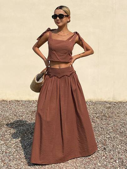 DAZY 女士纯色露脐系带吊带背心和荷叶边长裙优雅夏季两件套