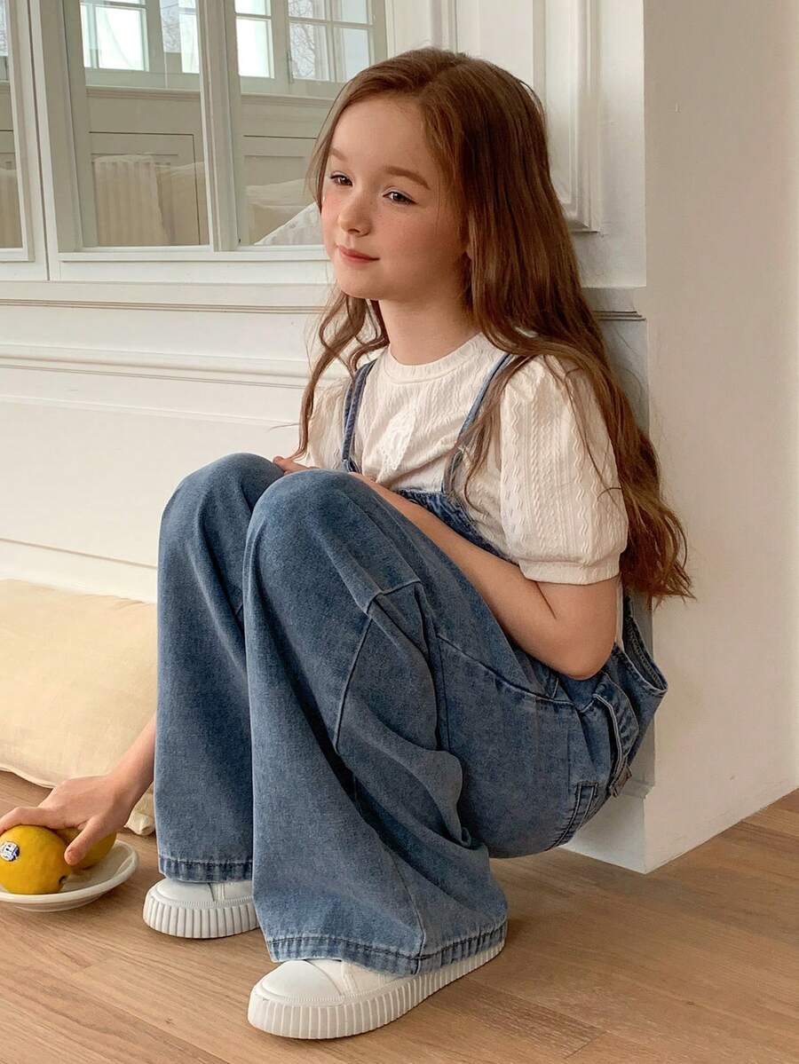 Dazy Kids 少女休闲百搭牛仔连体裤 - 藍色 - 查看 1