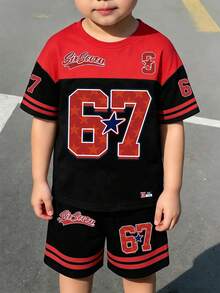 2pcs/Set Toddler Boys' Casual Creative Gradient Black & Red Number 67 Letter Slogan Print Short Sleeve T-Shirt And Shorts, Comfortable Daily Outfit For Spring, Summer & Autumn - Multicolor - View 4