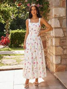 KARISMINA Lässiges, rückenfreies Sommerkleid mit Blumenmuster und Bindeband vorne – perfekt für Urlaub und Sommer. Auch als elegantes, romantisches Kleid für Hochzeitsgäste im Resort geeignet. Das gestufte Midikleid mit Blumenmuster und eckigem Ausschnitt ist ideal für Gartenpartys. Weißes Midikleid mit Blumenmuster und Bindeband am Rücken. Blumenmuster, Bindeband am Rücken, Sommer, Urlaub, Gartenparty - Weiss - Übersicht 1