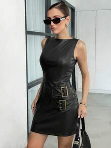 SHEIN Clasi Đầm nữ cỡ lớn bằng da PU, kiểu dáng tối giản, cài nút, phù hợp cho hẹn hò và mặc thường ngày. - màu đen - Xem 3
