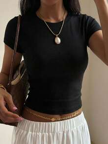 DAZY Women's Solid Color Round Neck Short Sleeve Casual T-Shirt - Black - View 8
