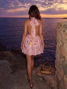 Zolique 百搭休闲不规则深V领无袖短连衣裙，适合街头、户外、旅行、时尚、性感、都市、商务、情人节、派对、海滩、日常穿着。 - 粉色 - 查看 2