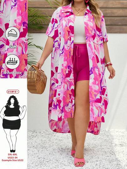 SHEIN CURVE+ 大码假日休闲宽松撞色雪纺薄纱上衣搭配松紧腰短裤套装，夏季海滩波西米亚风两件套，适合海滩、海滩度假、毕业典礼、下午茶派对等场合。