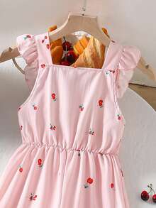 Genkimix Kids 1件女童复古休闲修身独特樱桃印花连体裤，适合夏季户外活动和上学穿着 - 粉色 - 查看 4