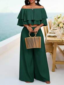 SHEIN Lady 大尺碼女款深綠色夏季熱帶度假兩件套，優雅波西米亞風無肩帶編織紋理上衣與寬腿褲度假套裝 - 墨綠色 - 查看 6