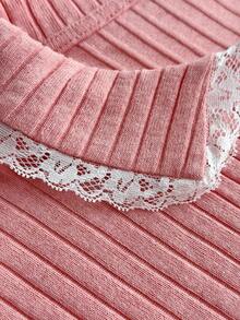 SHEIN Cozy Sweet Ribbed Knit Lace Trim Short Sleeve Pajama Lounge Set - Pink - View 7