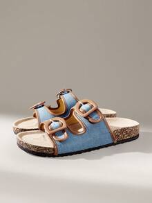Solecia 女士平底凉鞋，牛仔布缝线棕色皮带扣拖鞋，平底穆勒拖鞋，适合度假、居家和圣诞休闲旅行 - 藍色 - 查看 2