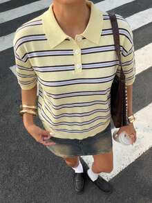 Muchica Yellow Striped Polo Collar Women Short Sleeve Knit Top - Light Yellow - View 5