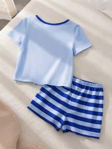 BABY SHARK X SHEIN Baby Boy Comfortable Cute Cartoon Shark Print Short Sleeve T-Shirt And Shorts Pajama Set, Summer - Blue - View 2