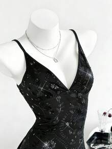 Elamini Women's Black,Summer,70's,Nightclub,Party Disco Bombshell Deep V-Neck Spaghetti Strap Mesh Heavily Embroidered Floral Beaded Tassel Fringe Dress - Black - View 3