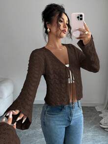 Elenzga Women's Elegant Tie-Front Hollow Out Cardigan - Coffee Brown - View 1