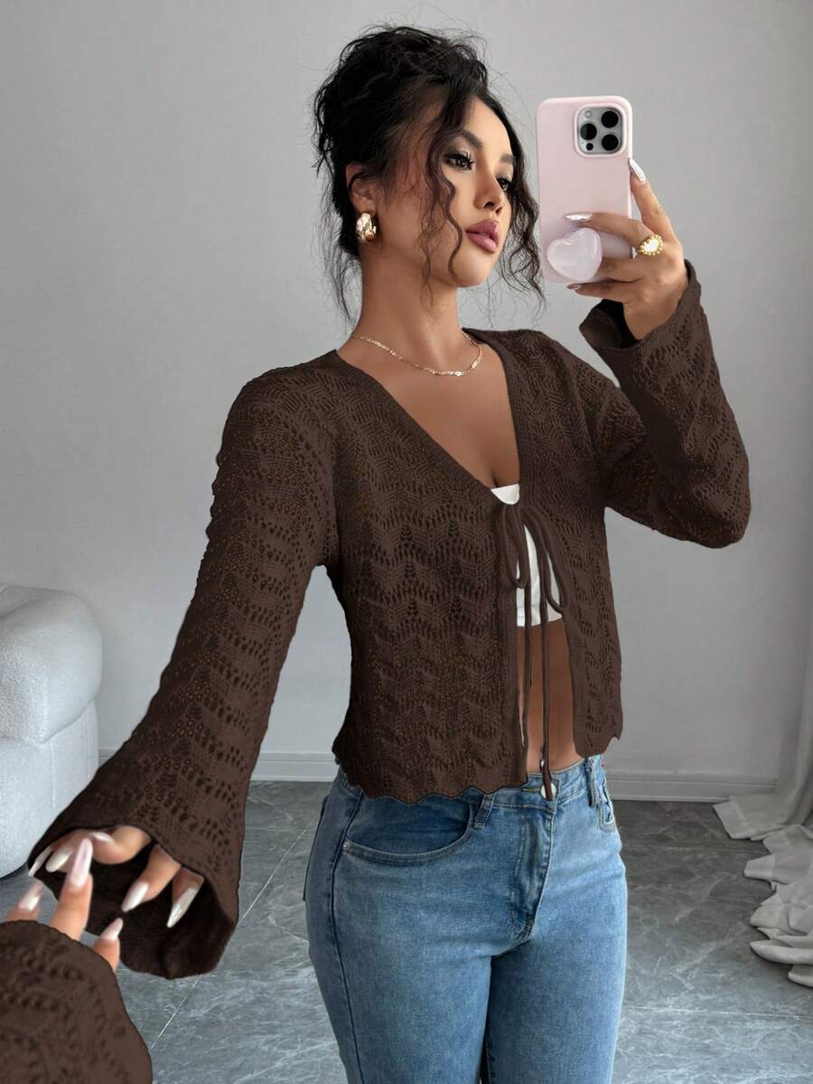 Elenzga Áo khoác cardigan nữ thanh lịch thắt nơ phía trước khoét rỗng - Cà phê nâu - Xem 1