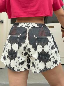 Muchica Plus Size Summer Casual Cow Print Denim Shorts Brown - Black - View 2