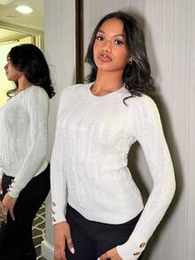 Natali Santanap 秋冬新款优雅休闲学院风杏色高领厚针织罗纹修身毛衣 - 白色 - 查看 5