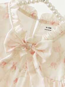 SHEIN Baby Girls' Fashionable Casual Floral Pattern Bow Decor Cake Dress, Suitable For Spring, Summer, Autumn, Home, Vacation, Holiday, Party, Daily Wear - White - View 4