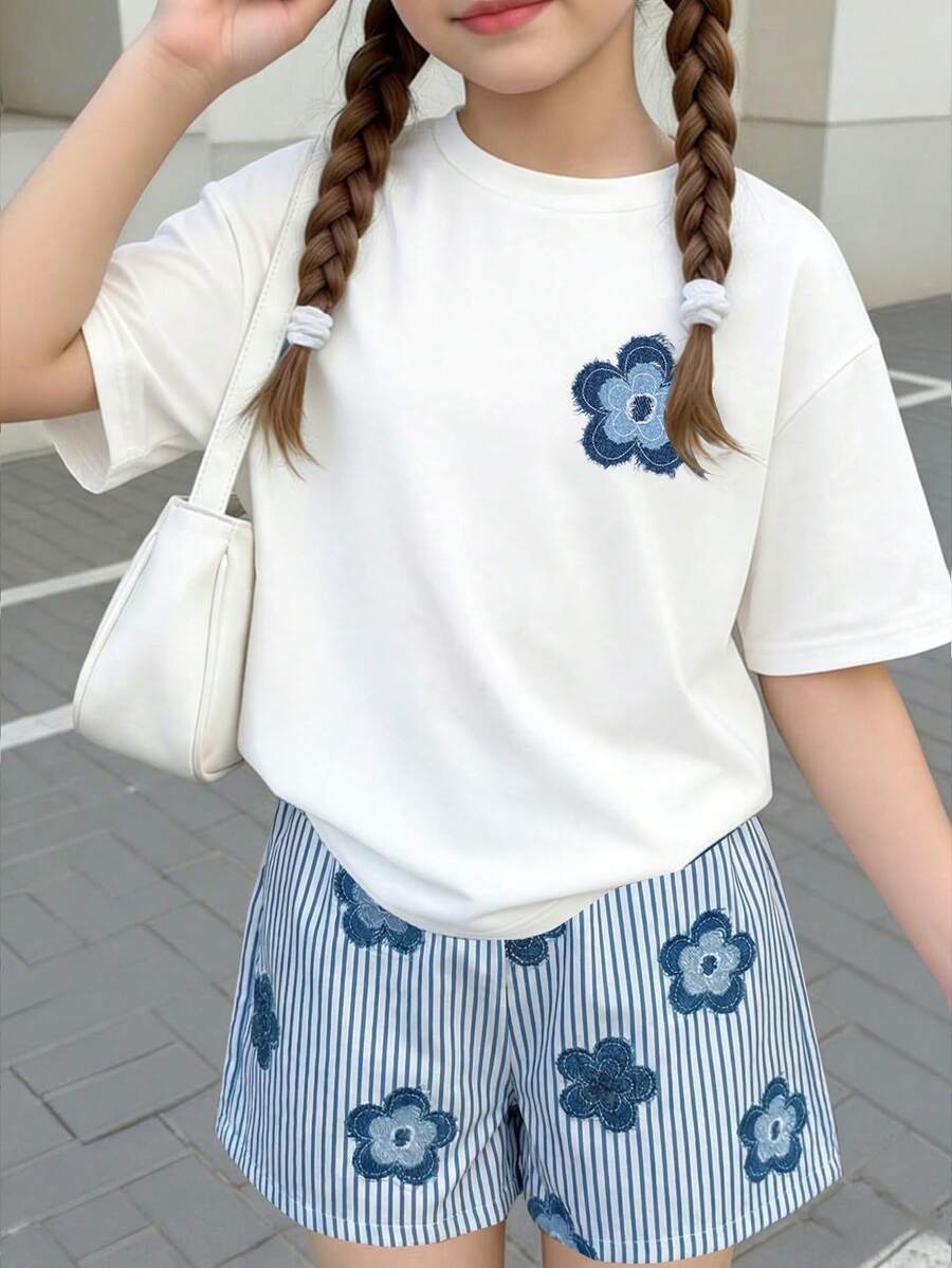 Souflis 【1件套】4-7岁女童，清新甜美风格，蓝色碎花印花，短袖T恤+条纹短裤套装，轻薄合身，休闲时尚两件套，适合日常外出/上学/周末旅行，春夏秋季皆宜。 - 彩色 - 查看 1
