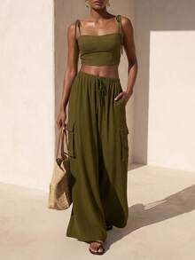 Zivah 2pcs Set: Linen Camisole Top And Wide Leg Cargo Pants In Olive Green, Spring/Summer 2026 - Army Green - View 2