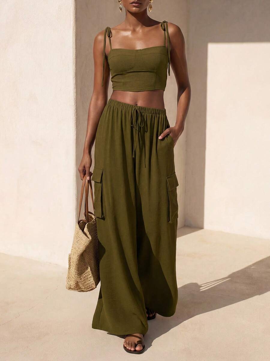 Zivah 2pcs Set: Linen Camisole Top And Wide Leg Cargo Pants In Olive Green, Spring/Summer 2026