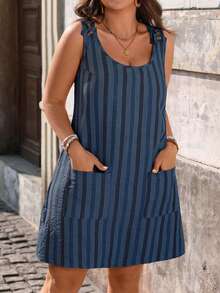 EMERY ROSE Vestido casual sin mangas de talla grande para mujer con rayas onduladas y aspecto de lino, con botones y bolsillos, adecuado para vacaciones y uso en casa - Azul - Ver 6