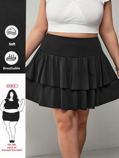 SHEIN CURVE+ Saia Preta Casual e Versátil Multilayer para Mulheres Plus Size