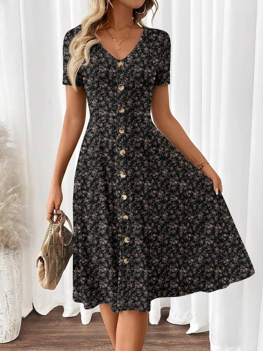 SHEIN Clasi Đầm hoa nhí dáng lửng thanh lịch, phong cách thường ngày dành cho nữ, trang phục mùa hè. - Nhiều màu - Xem 1