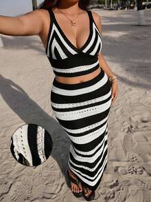 Comfortcana Bộ váy dệt kim sọc khoét lỗ gợi cảm - Đen và trắng - Xem 1