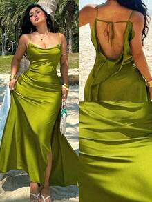 Sunnyshic 2025 European And American Spring/Summer New Arrival Spaghetti Strap Slit Casual Loose Vacation Color Linen Dress - Army Green - View 1
