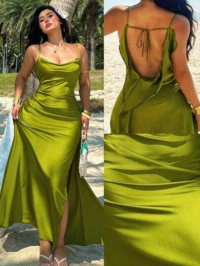 Sunnyshic 2025 European And American Spring/Summer New Arrival Spaghetti Strap Slit Casual Loose Vacation Color Linen Dress