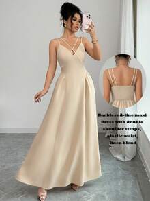 SHEIN Elenzya Vestido de lino beige elegante de verano para invitada de boda con tirantes cruzados, corte A, maxi, espalda descubierta, para mujer, vacaciones, ir al trabajo, fiesta de graduación y recepción - Albaricoque - Ver 4