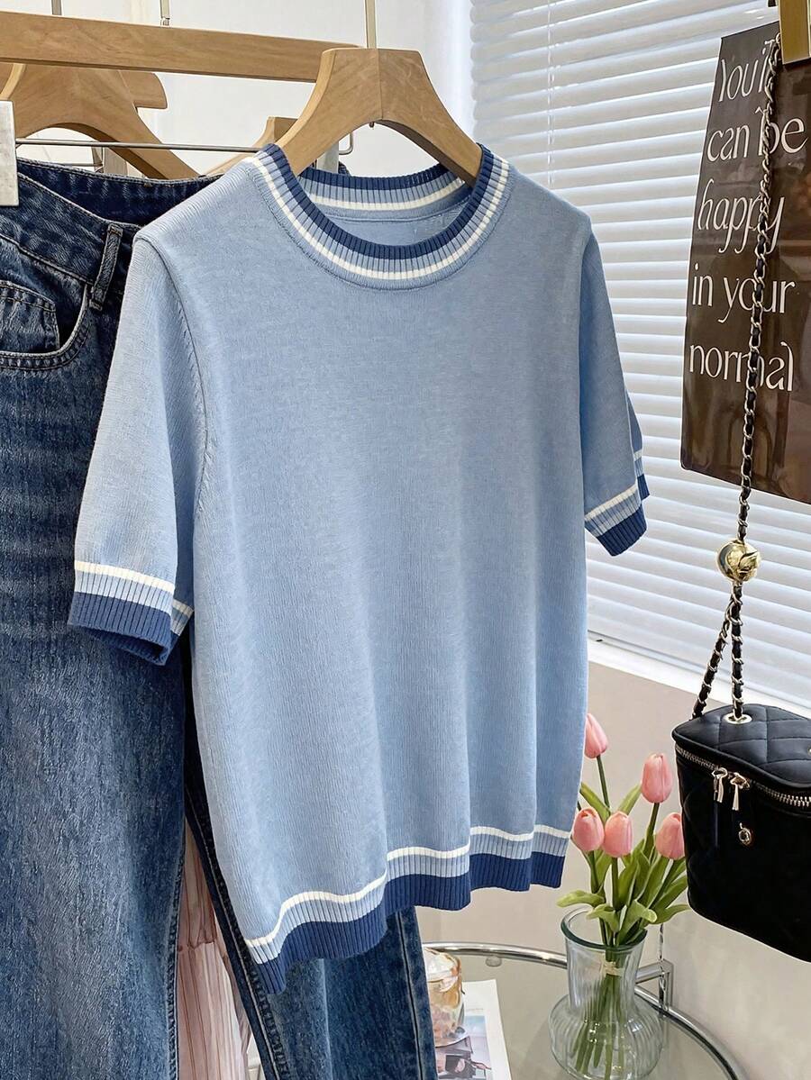 SHEIN Franclia Contrast Color Striped Round Neck Short Sleeve Top, Casual & Comfortable Knit Fabric, Spring/Summer - Baby Blue - View 1